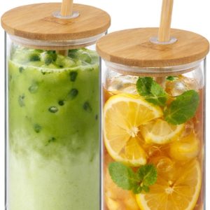 OTIX Drinkglazen - met Bamboo - Deksel - Matcha Glazen - met Rietje - Macha - 2 Stuks - 400 ml - Waterglazen - Ijskoffie
