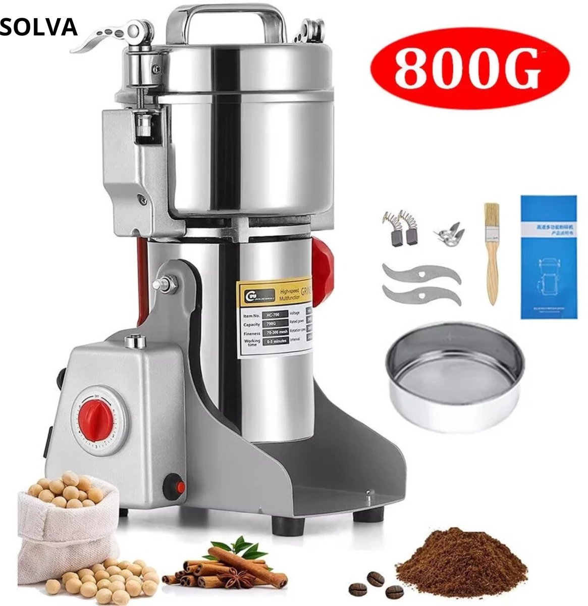SOLVA Koffiemolen - Koffiebonen Machine - Koffiebonen Maler - Koffieapparaat - Ook Voor Kruiden En Granen - 2400 W - 800 Gram - RVS - Zilver