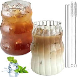 Set van 2 Geribbelde Drinkglazen 530 ml voor Ijskoffie en Cocktails