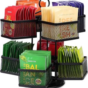 Theedoos - Theeopslag - Theedoos met 8 Vakken - 360° Draaibare Opbergdoos voor Theezakjes - 2 Niveaus - Schaalorganizer - Lazy Susan - Theedoos - Theedoos voor Theezakjes - Koffiepads - Zwart