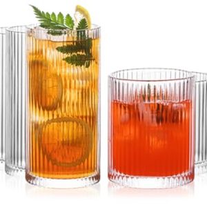 8-delige Ribbel Glazen Set - 4 Hoge glazen 350ml, 4 Steen glazen 14oz - Vintage Drinkglazen Perfect voor Wijn, Sap, Water, Ijskoffie, Whisky, Gemengde Dranken