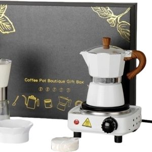 CHIWIN Koffiepot Set 150 ml - Aluminium Moka Koffiezetter Complete Set - Inclusief Reismeel, Molen, Filterpapier - Geschikt voor Alle Warmtebronnen - Luxe Zwarte Geschenkdoos