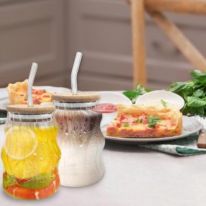 Candala IJskoffieglazen van 550 ml met deksel, glas met deksel en rietje, drinkbeker, Bubble Tea beker, drinkglas met glazen rietjes en houten deksel, voor latte, bier, melk, ijskoffie, 2 stuks
