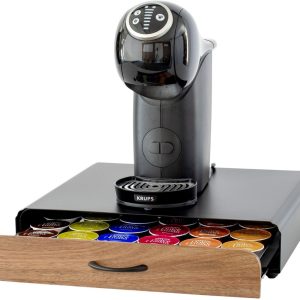 Capsulehouder met Lade - Koffiecups houder - Geschikt voor Dolce Gusto - 36 Cups - RVS - Zwart met Bamboe Hout