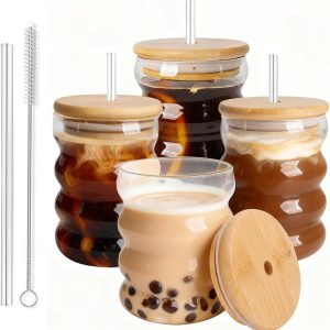 Drinkglazen Set van 4 - Vintage Glazen 11oz/320ml voor Cocktails en IJskoffie - Glazen Bekers met Deksel en Houten Deksel - Geschikt voor Bier, Water, Whisky en Sap