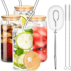 Drinkglazen cocktailglazen met deksel en rietje, drinkglazen in blikvorm 473 ml/16 oz, bierblik glazen beker drinkglas voor ijskoffie, bier, smoothies, cocktail, frisdrank (4 stuks)