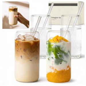 Drinkglazenset 4-delig 450 ml Esthetisch Design & Luxe Uitstraling - Glazen met glazen rietjes Herbruikbaar & Duurzaam in Gebruik - Drinkglazen Perfect voor IJskoffie, Cocktails & Matcha | Incl. Rietjes en Reinigingsborstel