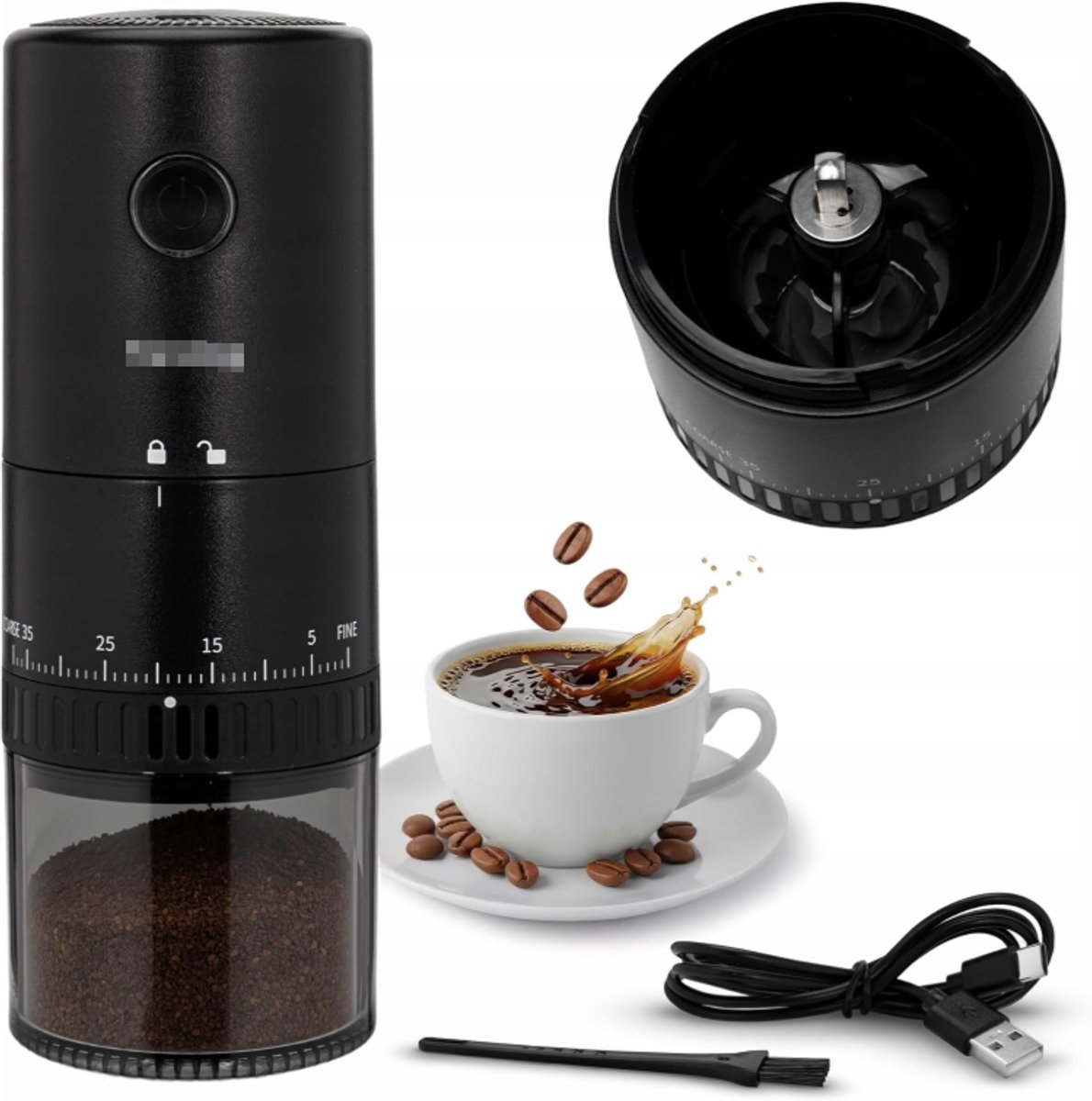 Elektrische koffiemolen, draadloos, 30 W, kegelmolen met keramisch maalwerk, USB-C batterij 2000 mAh, instelbare maalgraad, draagbare espressomolen voor thuis en op reis, 25 g, roestvrij staal
