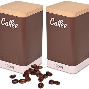 Excellent Houseware Koffie bewaarblik / koffieblik - 2x - bruin - coffee print - voor 1 kilo koffie - houten deksel