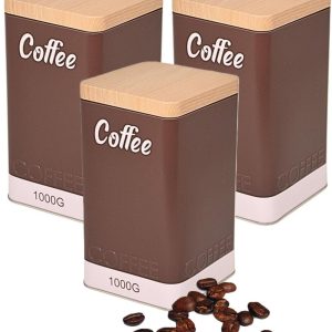 Excellent Houseware Koffie bewaarblik / koffieblik - 3x - bruin - coffee print - voor 1 kilo koffie - houten deksel