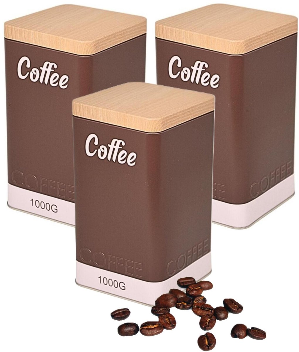 Excellent Houseware Koffie bewaarblik / koffieblik - 3x - bruin - coffee print - voor 1 kilo koffie - houten deksel