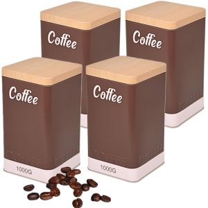 Excellent Houseware Koffie bewaarblik / koffieblik - 4x - bruin - coffee print - voor 1 kilo koffie - houten deksel
