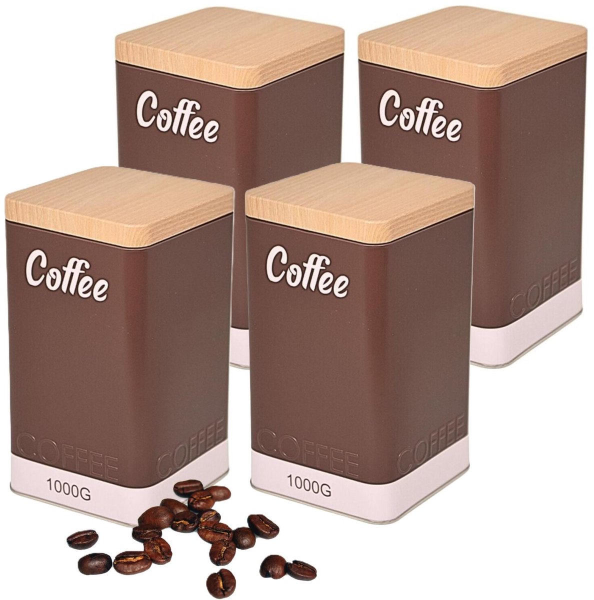 Excellent Houseware Koffie bewaarblik / koffieblik - 4x - bruin - coffee print - voor 1 kilo koffie - houten deksel