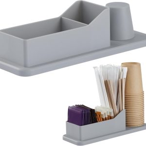 Famanu - Grijze koffietafel organizer met meerdere vakken voor suiker, bekers en koffiemelk, ideaal voor koffiecorner of kantoor