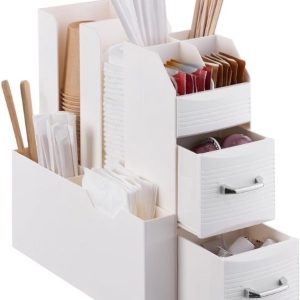Famanu - Koffie en thee organizer met vakken, opbergbakjes voor cups, suiker, melk en theezakjes, voor thuis en kantoor koffiestation
