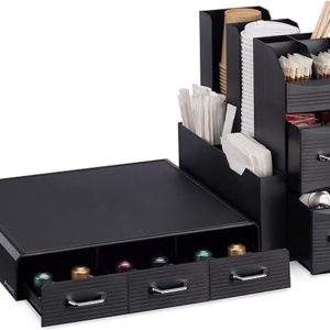 Famanu - Zwarte koffie-organizer met 3 lades, houder voor 48 capsules en extra ruimte voor suiker en melk