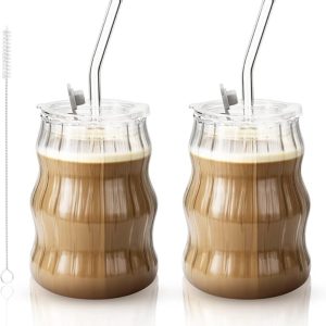 Geribbelde drinkglazen met deksel en rietje, glazen tumbler 530 ml, bubbelglas, bubble tea, beker, ijskoffieglazen, glazen beker, 2 elegante drinkbekers voor ijskoffie, smoothie, cocktail
