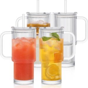 Geribbelde glazen beker met deksel en rietje - 760 ml - 4 stuks - Lekvrij en handzaam voor ijskoffie, smoothies en meer
