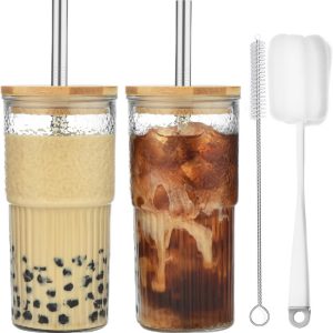 Gestreepte Waterglazen met Deksel - Set van 2 - Ideaal voor Ijskoffie en Smoothies