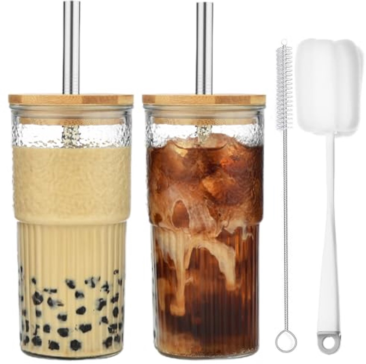 Gestreepte Waterglazen met Deksel - Set van 2 - Ideaal voor Ijskoffie en Smoothies