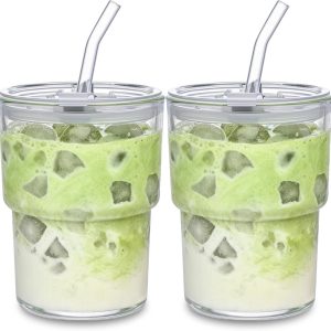 Glazen Beker Set - Koffiebekers Rietje Deksel - IJskoffie Koude Dranken - Dikke Wand Constructie - 8.9 x 13.2 cm