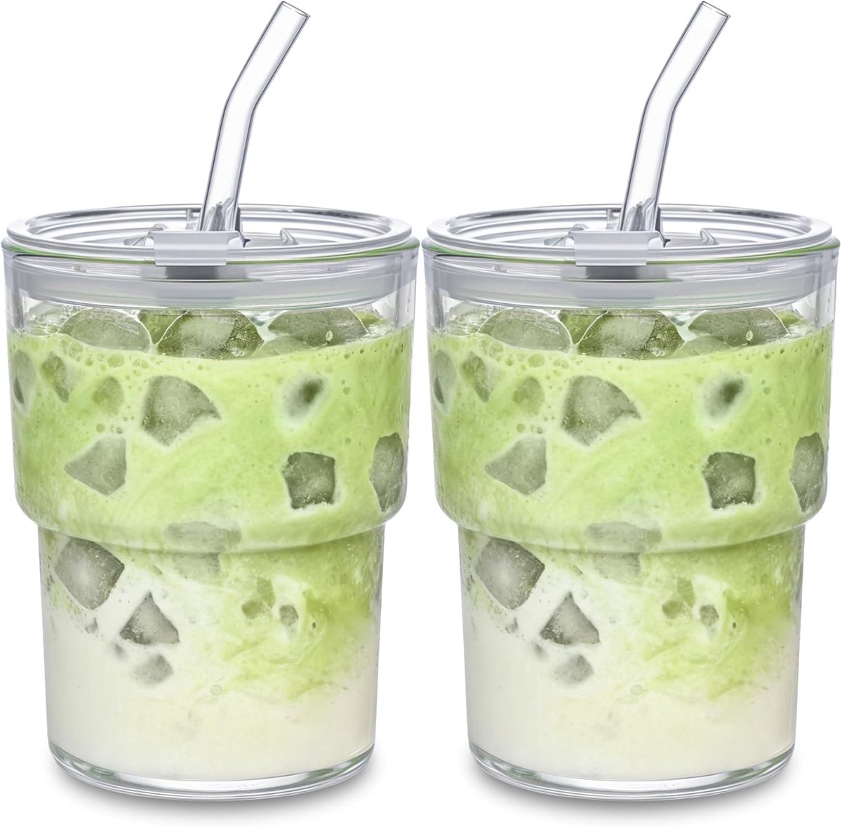 Glazen Beker Set - Koffiebekers Rietje Deksel - IJskoffie Koude Dranken - Dikke Wand Constructie - 8.9 x 13.2 cm