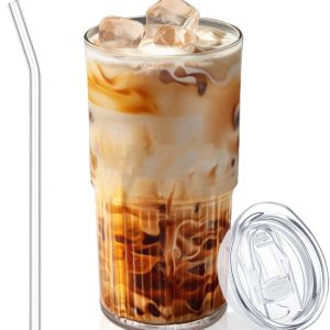 Glazen beker met deksel en rietje, 600 ml - Herbruikbare beker, vervaardigd uit dik, breukvast glas, geschikt voor ijskoffie, smoothies, cocktails en vruchtensappen - Een elegante en duurzame drinkbeker