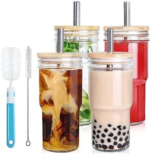 Glazen bekers met bamboe deksels en rietjes - 4-delige set voor cocktails, whisky en ijskoffie - ideaal als cadeau