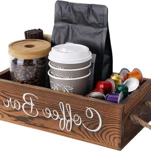 Houten Koffie Organizer met Handvat, Ideaal voor Koffiepads, Koffiecapsules en Koffieaccessoires voor Thuis en Kantoor