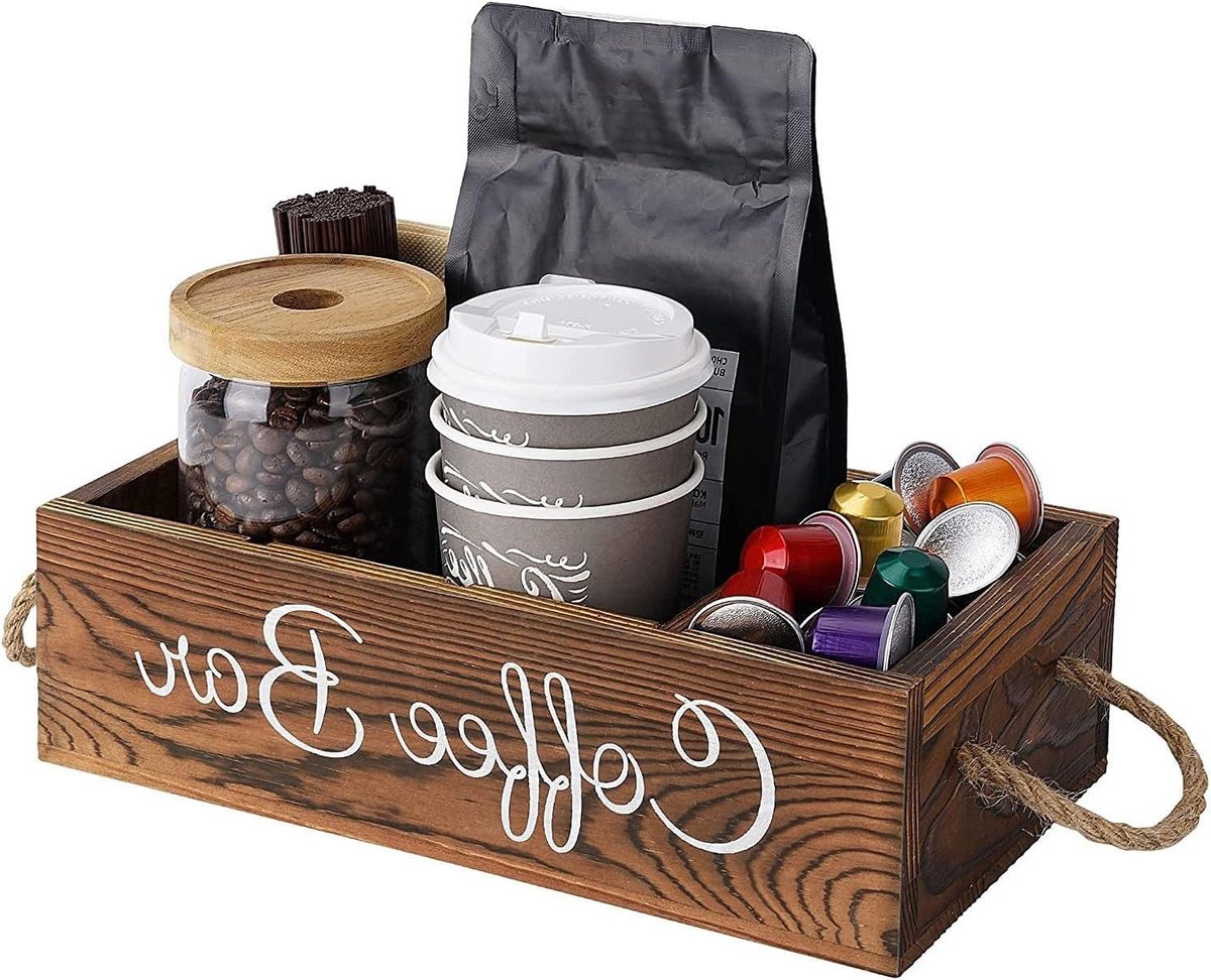 Houten Koffie Organizer met Handvat, Ideaal voor Koffiepads, Koffiecapsules en Koffieaccessoires voor Thuis en Kantoor