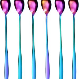 JeiibrZui Roestvrijstalen Ijskoffie Lepels Set - 22 Cm - 6 Delig - Multicolor - Lange Cocktaillepels Voor Latte Macchiato Desserts En Frisdrank