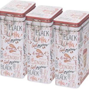 Koffieblik / bewaarblik - 3x - koffie print - beugelsluiting - 12 x 8 x 20 cm - rechthoekig - bonen / filterkoffie / cups