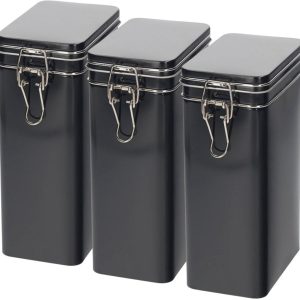 Koffieblik / bewaarblik - 3x - zwart - beugelsluiting - 12 x 8 x 20 cm - rechthoekig - bonen / filterkoffie / cups