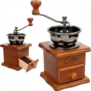 Koffiemolen, bruin, retro, handmatige koffiemolen op hout met handslinger, draagbaar, in antiek design, espressomolen voor koffiebonen, roestvrij staal