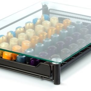 Metalen Koffiecapsulehouder Met Lade - Voor 60 Nespresso Capsules - Capsulehouder Met Glazen Bovenblad - Ruimtebesparend Onder Koffiemachine - Mat Zwart - 410 X 260 X 60 Mm [BW0999]