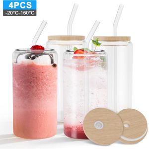 NAIZY Drinkglazen met deksel en rietje 550ml glazen bekers glazen glazen met reinigingsborstel matcha glazen glazenset voor ijskoffie latte macchiato cocktails, 4 stuks