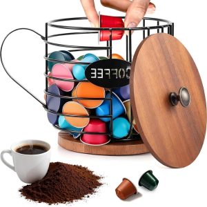 Ronde Koffiecapsule Organiser met Houten Deksel - Grote Opbergmand voor Koffiepads en Baraccessoires in Zwart IJzer voor de Keuken