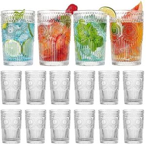 Set van 12 Vintage Drinkglazen - Getextureerde Helder Gestreepte Bekers voor Cocktails & Ijskoffie