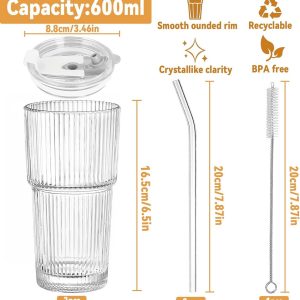 Set van 2 Glazen Bekers 600 ml met Deksel en Rietje voor Sap, Ijskoffie en Smoothies