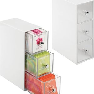 Set van 2 Keuken-Organizers met drie lades, open deurtjes voor de lades, koffiepads, plastic en zee, de doos van plastic, wit/transparant