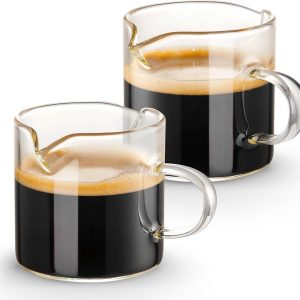 Set van 2 espresso-kopjes, 4 oz-kopjes met twee uitgoten, koffiekopjes, melkkan met handvat, transparant glas, accessoires voor espressomachines, klein formaat