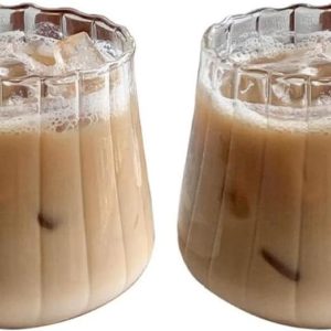 Set van 2 retro drinkglazen, gestreepte glazen, golvende glazen voor ijskoffie, gestreepte drankglazen, geribbelde glazen, waterglazen, wijnglazen, cocktailglazen, designglazen (430 ml)