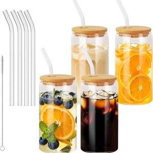 Set van 4 Glazen met Deksel en Rietje 500 ml - Drinkglazen voor Ijskoffie, Smoothies en Cocktails