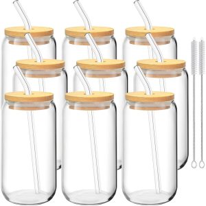 Set van 9 glazen drinkbekers 470ML met deksel rietjes en schoonmaakborstel voor ijskoffie cocktails en smoothies