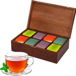 Thee Doos van Acaciahout met 4 Compartimenten, Retro Organiser voor Theezakjes en Koffiepads, 31 x 9.7 x 10.5 cm, Met Deksel en Verstelbare Scheidingswanden