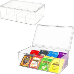 Theebox met 16 vakken - Stapelbare theehouders met deksel - Theezakdozen van kunststof - Luchtdichte theeopslag - Koffiepads organizer box - Transparant