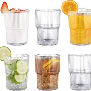 Vintage Geribbeld Glaswerk Set van 6 - 14 oz Drinkglazen voor Ijskoffie en Cocktails
