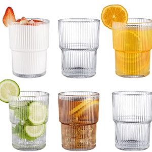 Vintage Geribbeld Glaswerk Set van 6 - 14 oz Drinkglazen voor Ijskoffie en Cocktails