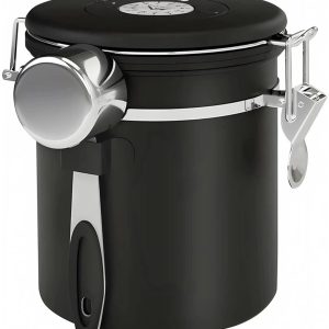 WiseGoods Premium Koffie Voorraadbus - Luchtdicht RVS Bewaarblik - CO2 Ventilatie - 1.5L - Inclusief Maatlepel - Koffieblik Zwart