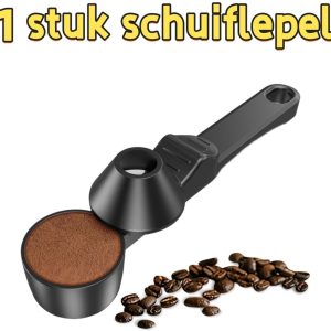 1 artikel - Schuiflepel - Lepel met trechter - Herbruikbaar - Kan gebruikt worden als koffielepel en trechter - Voor het malen van koffie, proteïnepoeder - Zwart